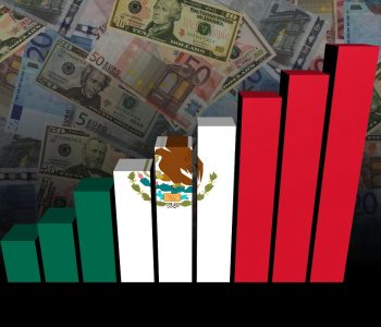 Mexican flag bar chart over dollars and Euros background illustration